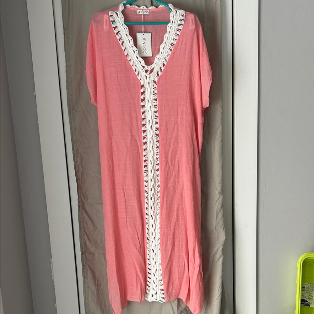 Peachy Coral no Sleeve Coverup with White Detailing